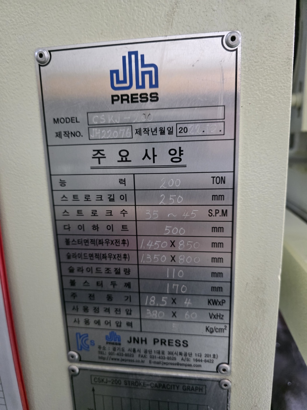 J&H(한얼) C형 너클프레스 200톤  (2022년 10월)